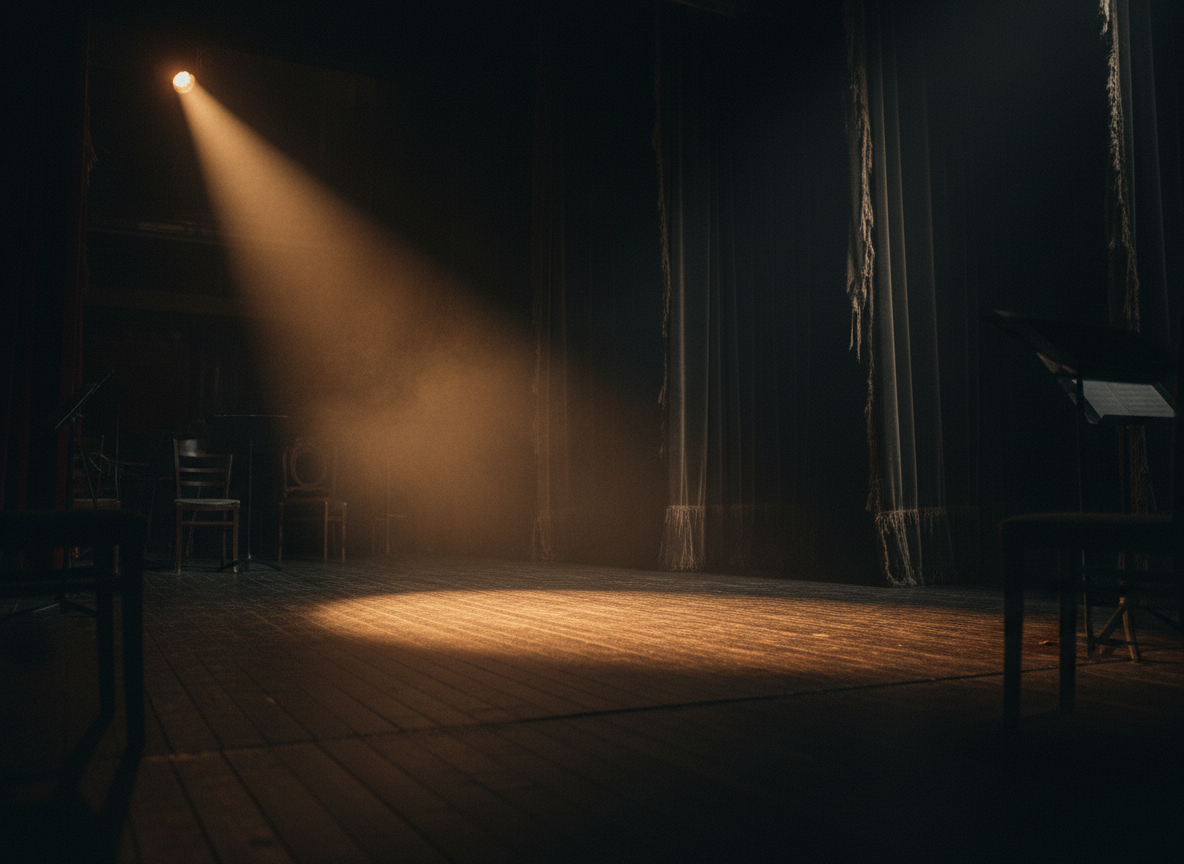 Dramatic cinematic film set with a single warm amber stage light